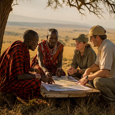 Maasai og besøgende samlet om et kort på et bord udendørs